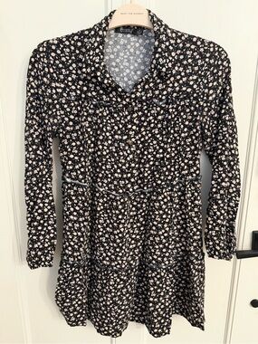 Cure. Black White Ditsy Floral Tiered Smock Shirt Mini Dress Size M